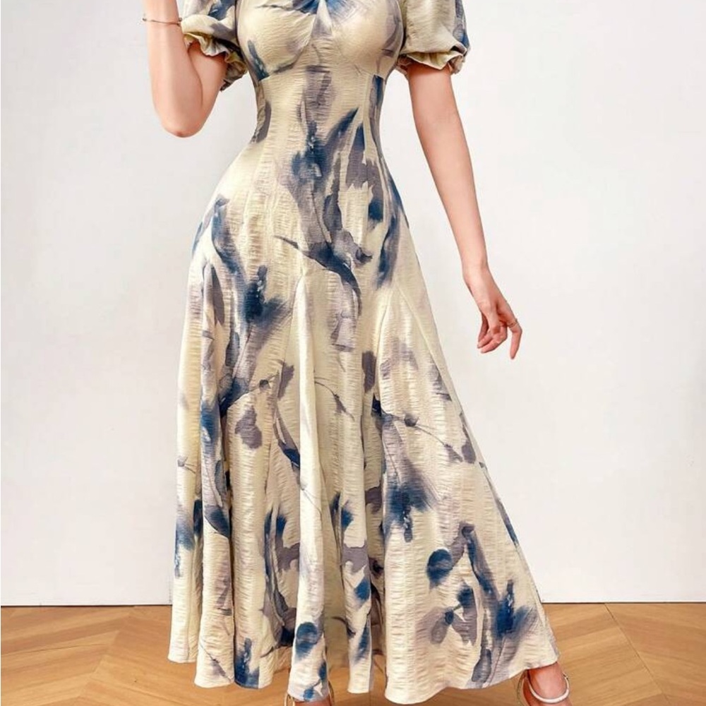 SHEIN Blue and Cream Puff Sleeve Maxi Dress